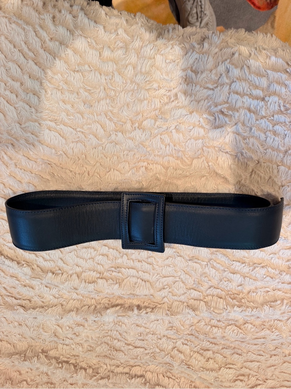 Blue Wide Leather Belt with Square Covered Buckle